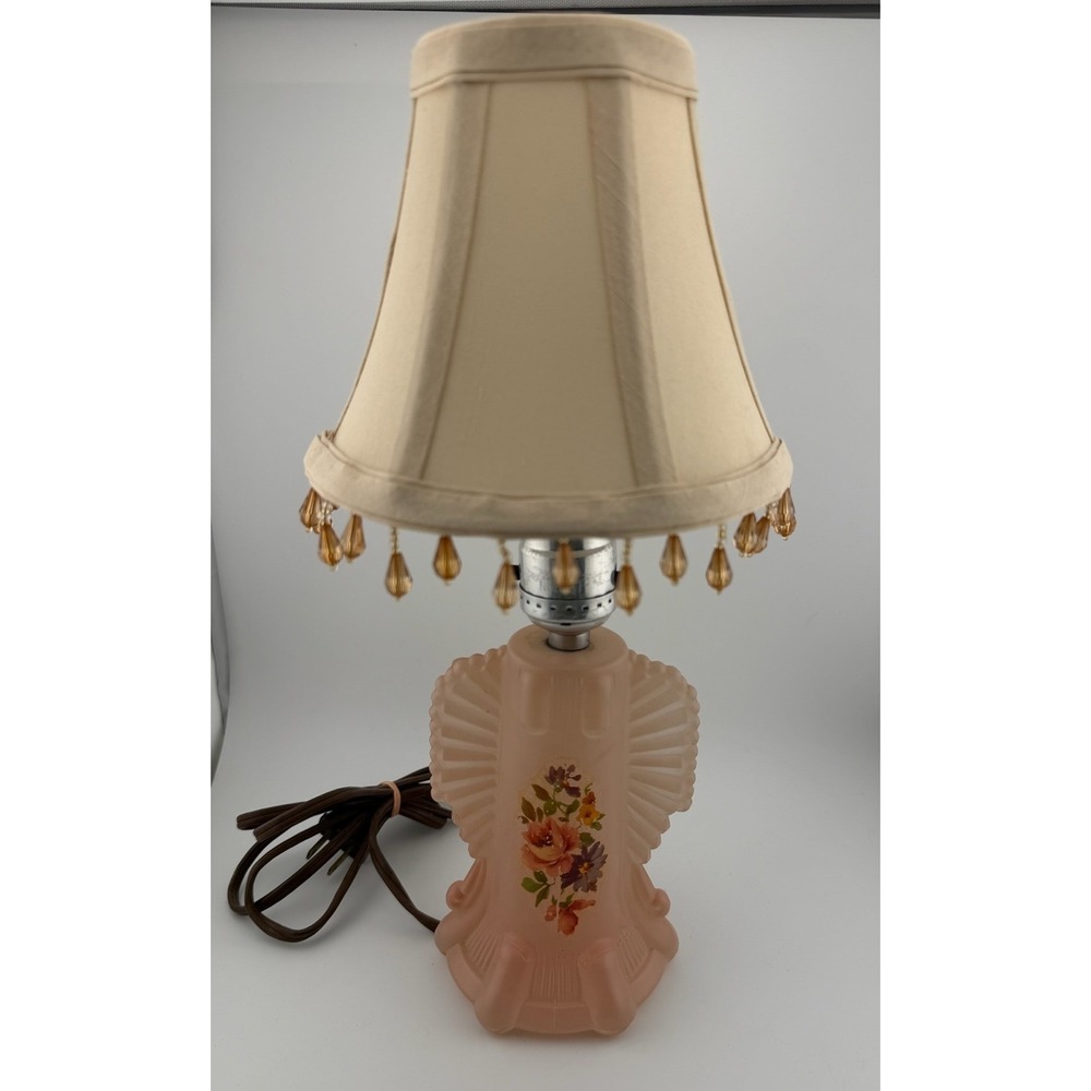 Vintage Art‎ Nouveau Pink Floral Satin Glass Table Lamp Art Deco